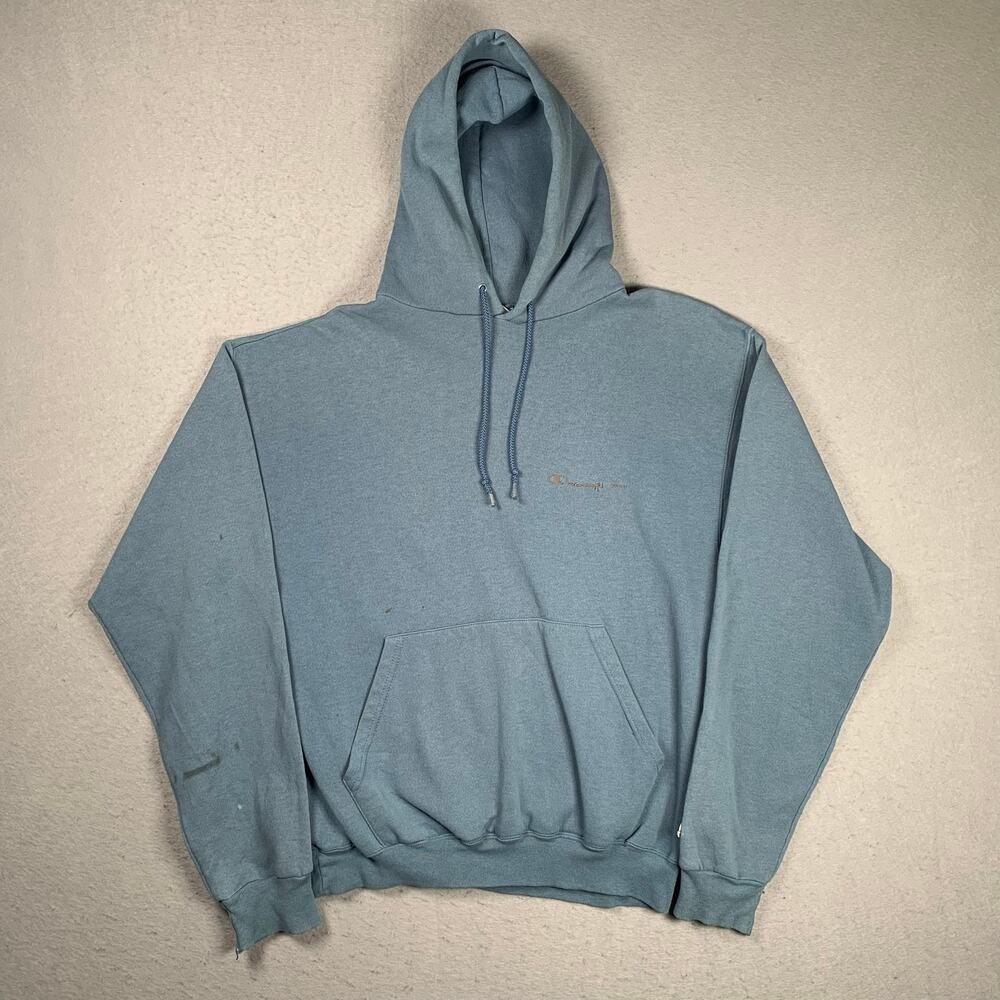 Vintage Champion Hoodie Mens Medium Blue Pullover Spellout Logo Sweatshirt Y2K